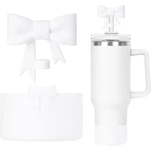 Bow Silicone Protective for Stanley Boot for 20/30/40Oz, Bow Straw Cover Topper for Stanley Cup 10mm/0.4in, 2 Pack Cup Accessories Compatible 12-24Oz for Hydroflask Boot and More (White Set)
