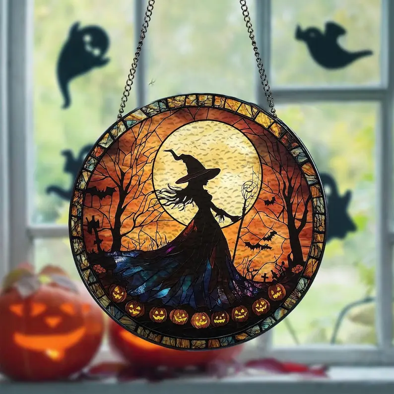 Halloween Witch With Moon Suncatcher, Witchy Window Hanging Decor, Spooky Halloween Decor for Windows, Stained Glass Witch Halloween Decor