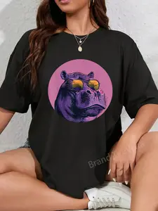 100% Cotton Funny plump bespectacled Hippo with Sunglasses Outfit T-Shirt