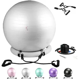 Exercise Ball Chair with Resistance Bands, Yoga Ball Office Chair with Stability Base for Home Gym, Workout Ball for Fitness, Large Size 65 cm