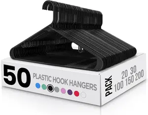 Plastic Hangers 50 Pack - Clothes Hanger with Hooks - Durable & Space Saving Coat Hanger - Heavy Duty Skirt Hangers (Black)