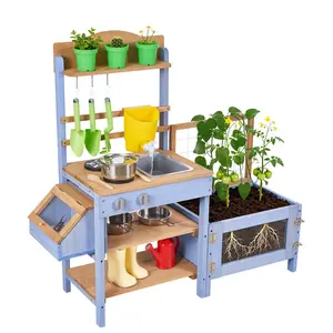 VEVOR Mud Kitchen, Outdoor Mud Kitchen for Kids, Wood Outdoor Play Kitchens with Planting Box, Critter Catcher Container, Tank, Sink, Cookware Pots and Accessories, Wooden Play Kitchens for Lawn, Yard