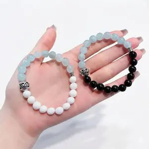 Matching Couples Temple Bead Bracelets - Natural Aquamarine & Black Obsidian - Spiritual Protection, Harmony, Manifestation Jewelry - Gift for Soulmates, Anniversary, Long Distance Relationships, Beads