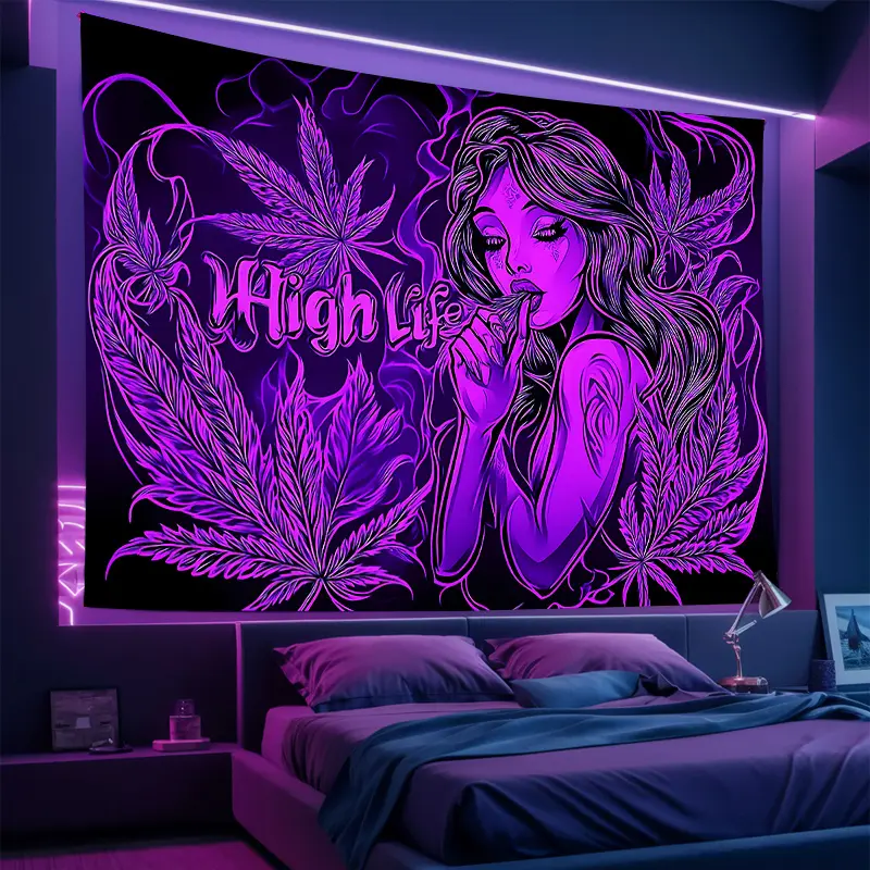 1pc Fluorescent Psychedelic Glow in the Dark Tapestry with Long Black Hair Female Figure - UV Reactive Wall Hanging, Knitted Polyester, 100gsm, Transverse Orientation for Bedroom, Living Room, Dorm, Game Room, Bar Decor, Room Deco