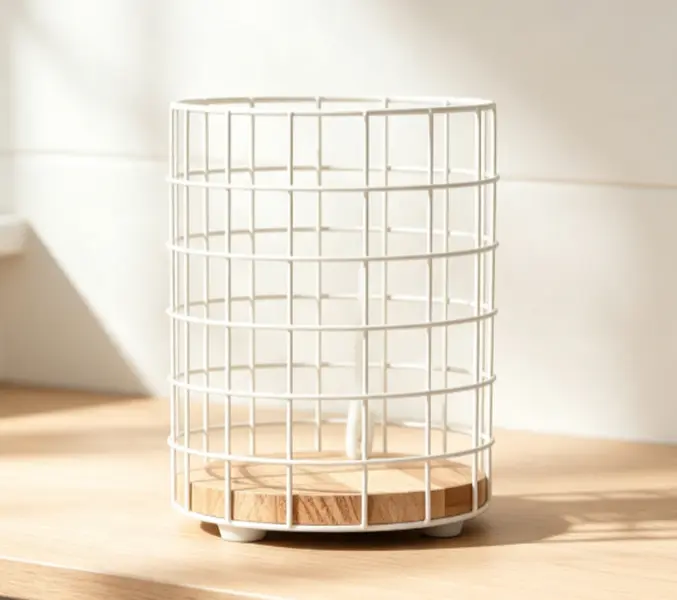 Cream Metal Wire Utensil Holder with Natural Wooden Base, Countertop Kitchen Utensil Crock Organizer
