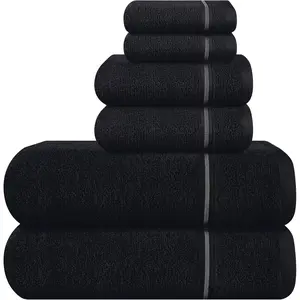 Ultra Soft 6 Pack Cotton Towel Set - 2 Bath Towels 28x55 inch, 2 Hand Towels 16x24 inch & 2 Wash Cloths 12x12 inch, Ideal for Everyday Use, Compact & Lightweight - Black