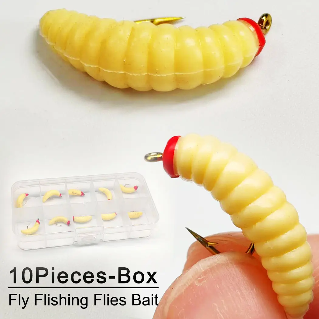 Fly Fishing Flies Dry Flies Bait Fishing Accessories 10Pcs/Box Soft Maggot Worm Beige Nymph Lure for catching fish like Trout/Bass/Perch/Carp etc in fresh water or salt water Fishing Lures
