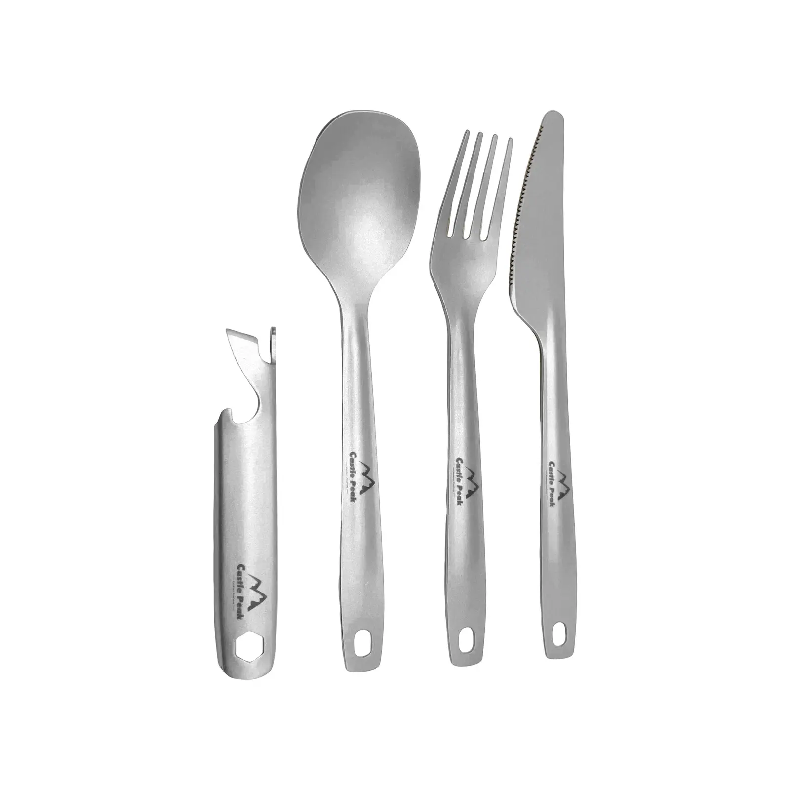 CASTLEPEAK Titanium Cutlery Set - 4-in-1 Fork, Knife, Spoon & Bottle Opener, Portable Camping Gear and Equipment for Travel & Outdoor Use with Pouch, Outdoor Kitchen Supplies, Hiking, Multi-Tool Outdoor Tableware