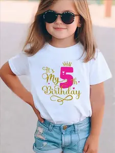 Charming 5th Birthday Crown Pattern Cotton T-Shirt For Girls - Casual Round Neck, Short Sleeves, Perfect For Spring/Summer Outdoor Celebrations