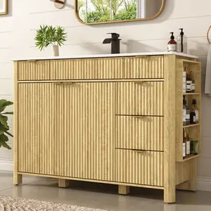 48" Fluted Bathroom Vanity with Sink & Faucet Combo, Modern Bathroom Cabinet with Door, 3 Drawers and Side Storage Shelves, Ideal for Guest Room and Apartment Use
