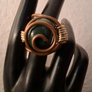 Green Agate Jade Ring with Copper Wire Wrap Unique Handcrafted Jewelry for Women/Men