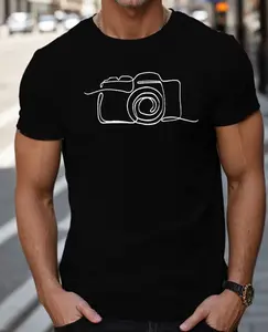 Minimalist One Line Camera Graphic T Shirt For Men, Photographer Lover Continuous Line Art Crewneck Short Sleeve Tee, Photography Hobby Unisex Casual Basic Top