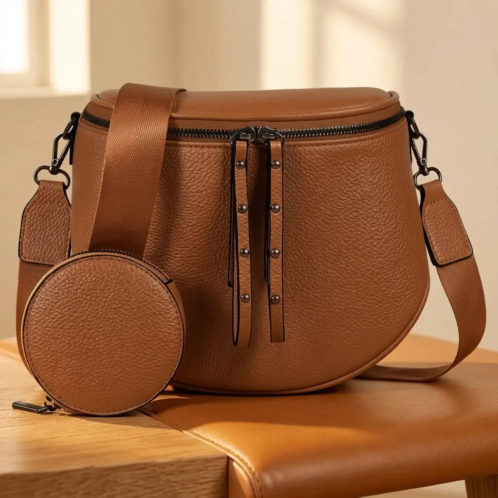 Stylish Women’s Crossbody Shoulder Bag with Adjustable Strap and Matching Round Coin Pouch Zip Purse Elegant Commuter Bag