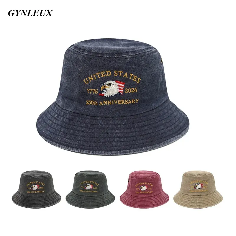 United States 250th Anniversary 1776 2026 Eagle Embroidered Bucket Hat Vintage Washed Cotton Fisherman Hat For Men And Women Patriotic Daily Wear Accessory