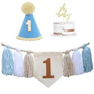 1st Birthday Party Decoration Set, 2 Counts/set Including 1 Birthday High Chair Banner & 1 Birthday Hat, Photo Props, Birthday Party Supplies