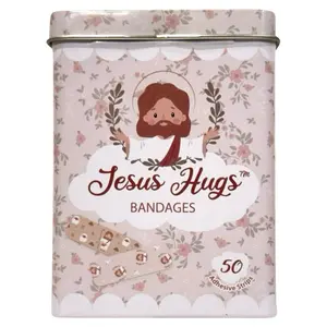 Jesus Hugs Bandages - 50 Sterile Adhesive Strips with 5 Designs -Jesus Bandaids-, Latex-Free & Water Resistant, Safe for Children & Adults, 3.75" x 2.75" x 1" Size Aid Healthcare