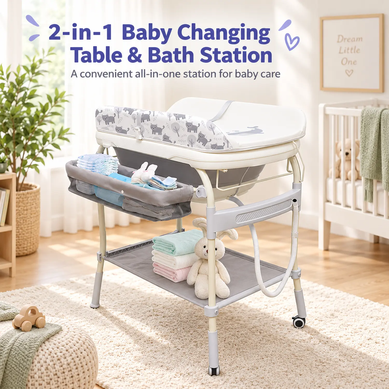 Wanan 2-In-1 Design Safety Collapsible Baby Bathtub with Changing Table - Portable Nursery Center, Steel Construction, 110 lbs Capacity, Waterproof Diaper Station, Adjustable Height Organizer with Storage Racks & Shower Holder for Newborns Toddlers