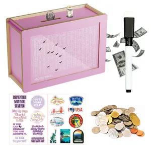 New Year Goal  Free stickers Wooden Cash Money Saving Box, 10000 Savings Challenge Box, New Year Savings Goal Piggy Bank for Kids & Adults, Coin Bank Gift for 3-12 Year Old Boys & Girls\Easter Present Idea\Gift for Kids Decor Ornaments