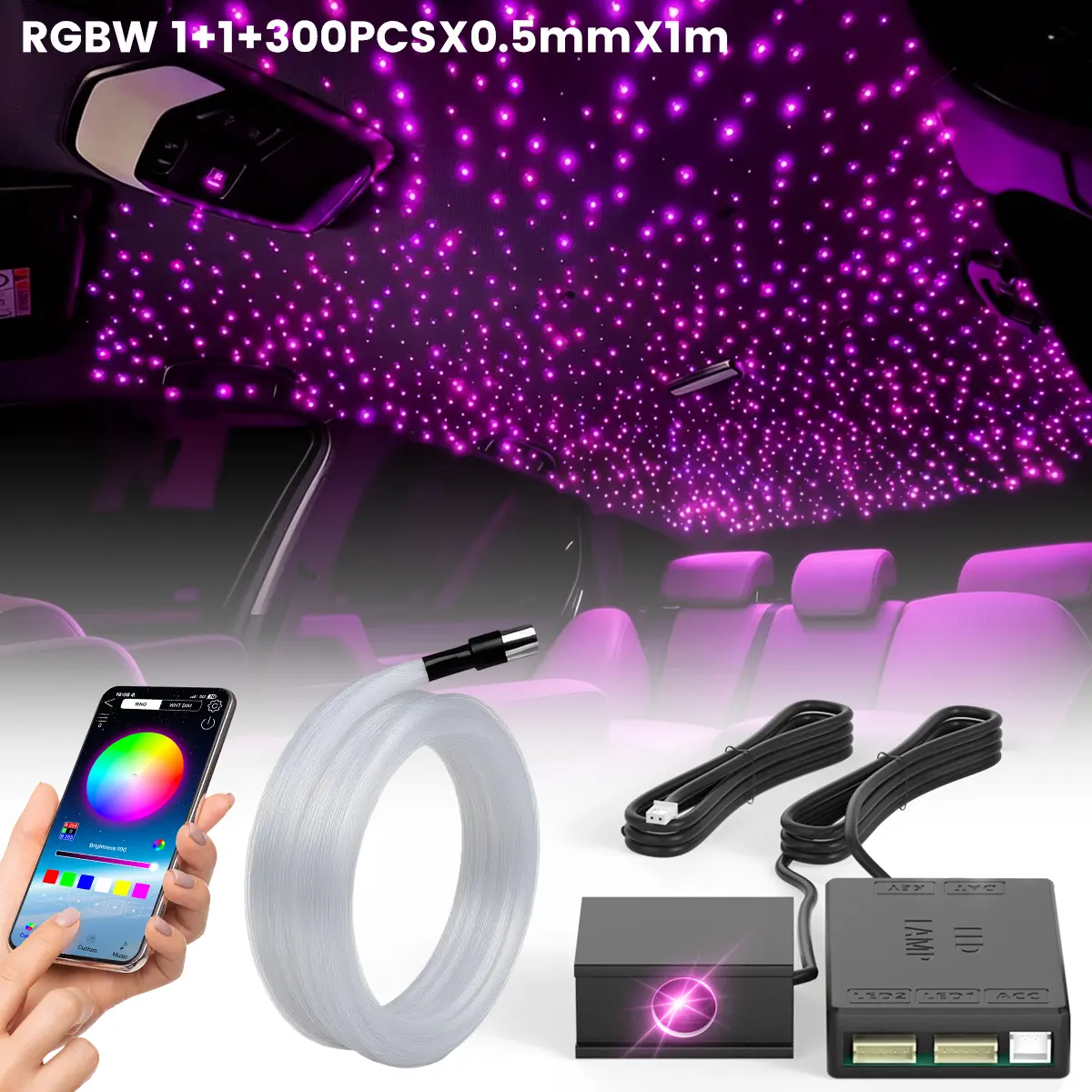 Fiber Optic Headliner Starlight Kit for Car Roof, Split Light Source RGBW LED Star Ceiling Light, Music Sync DC12V Interior Ambient Lighting with RF Remote, 300 Pcs 0.5mm 3.3ft Fibers