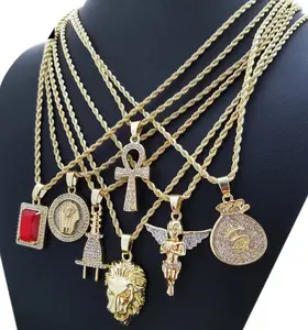 MaxBling81 Gold-Plated Hip Hop Iced Cubic Zirconia Ankh Symbol Mini Pendant Set - 7 Necklaces with 24-in Rope Chain, Rapper Costume Jewelry, Hip Hop Accessories for Daily Wear