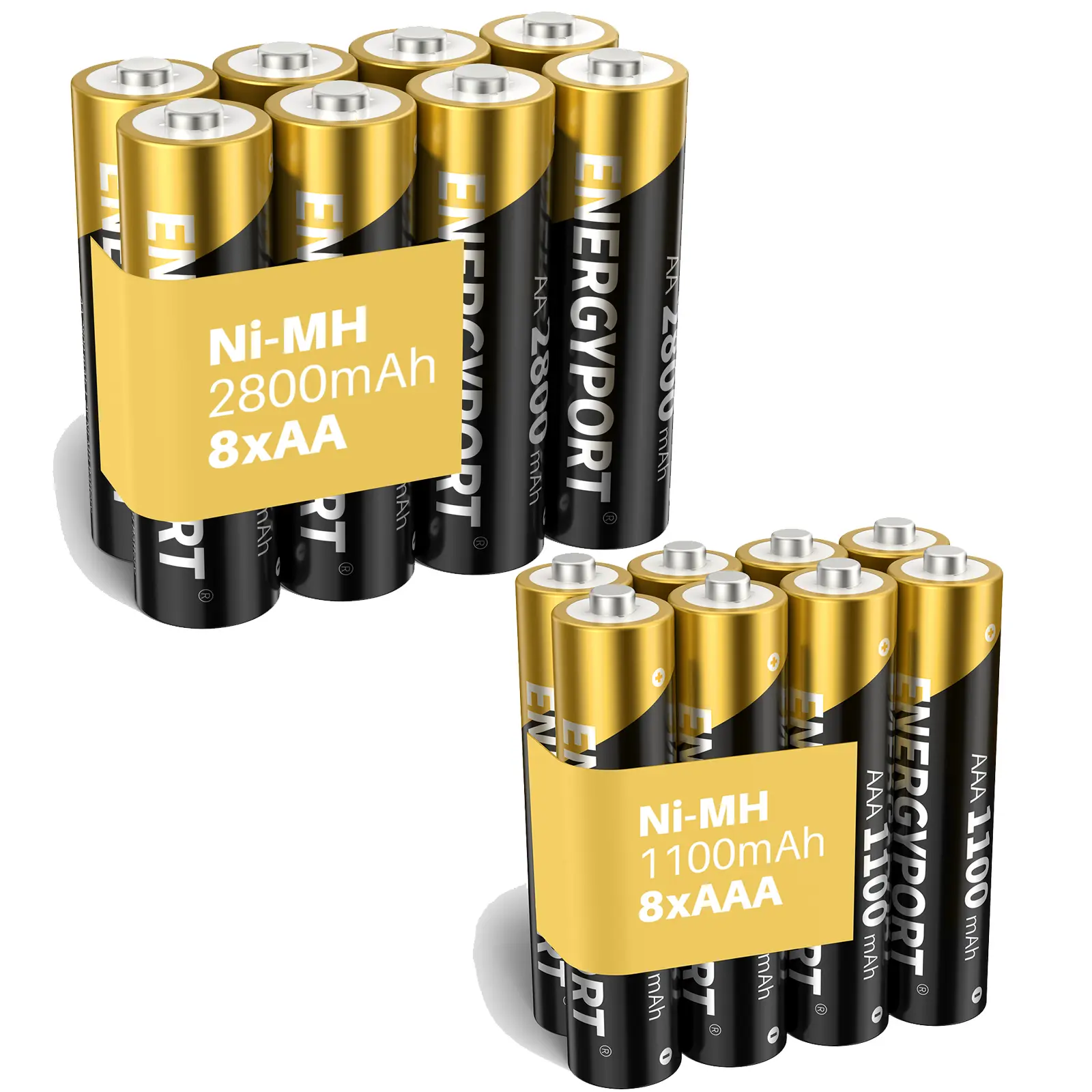 ENERGYPORT 16-Set Rechargeable Replacement Batteries - 8-Pack AA 2800mAh & 8-Pack AAA 1100mAh, 1.2V Ni-MH Cells Nickel Metal Hydride Long-Lasting Low Self Discharge Universal Electronics Accessory