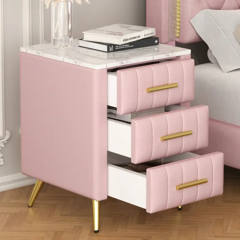 Pink Upholstered Wooden Nightstand with 3 Drawers - Bedside Cabinet, Bedside Table with Marbling Sticker Worktop, Velvet End Table with Metal Legs & Handles, Nightstands With Drawer