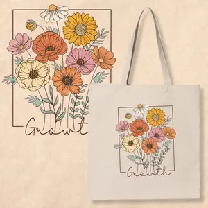 Growth Floral Tote Bag, Vintage Flower Canvas Tote, Aesthetic Minimalist Bag, Inspirational Everyday Tote, Gift for Her