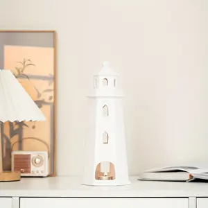 1pc Fashionable White Ceramic Nautical Lighthouse Candle Holder European Modern Style Maritime Theme Smooth Surface And Interior Easy to Clean Durable Taper Candle Holder for Tabletop Decor Living Room Balcony Entryway Essential Maritime Gift And Ho