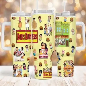 Cartoon Burger Shop Collage Tumbler with Handle Insulated Travel Mug for TV Show Fans