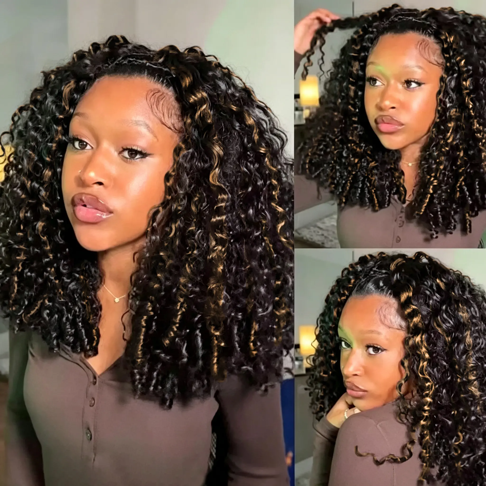 Highlight Burmese Curly Half Wig Human Hair P1B/30 Wear go Glueless Wig For Women With Drawstring Ponytail No Lace Seamless Flip Over
