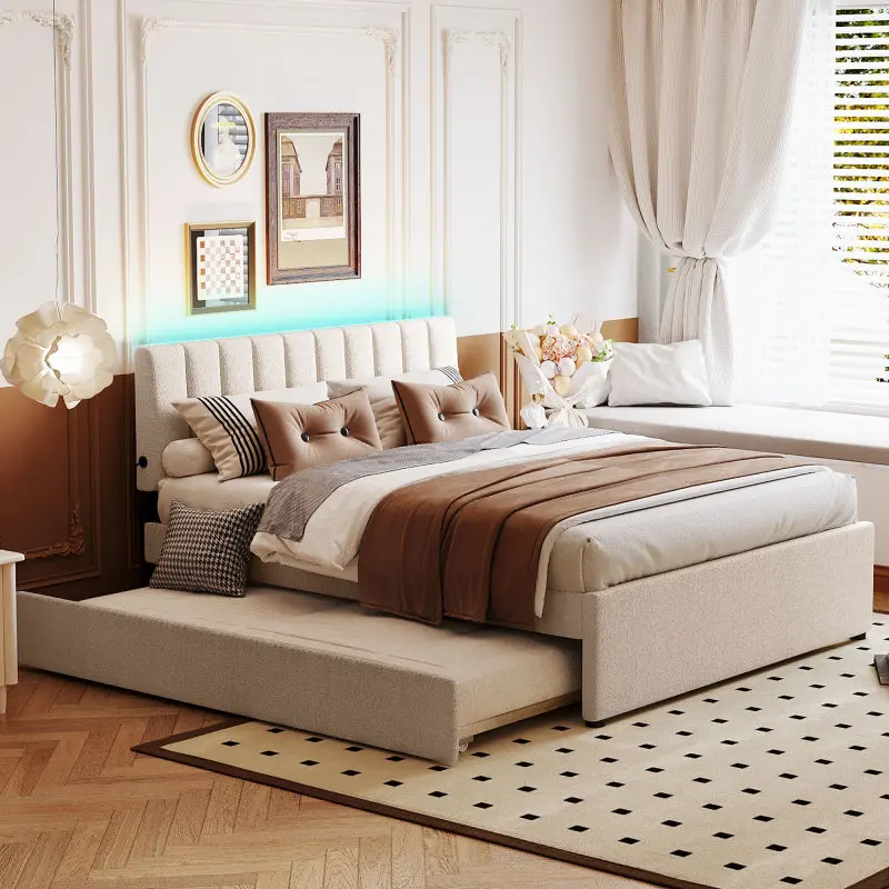 Queen Size Upholstered Platform Bed Frame with Twin XL Trundle, Teddy Fleece Bed Frame with Headboard and Slats, No Box Spring Needed