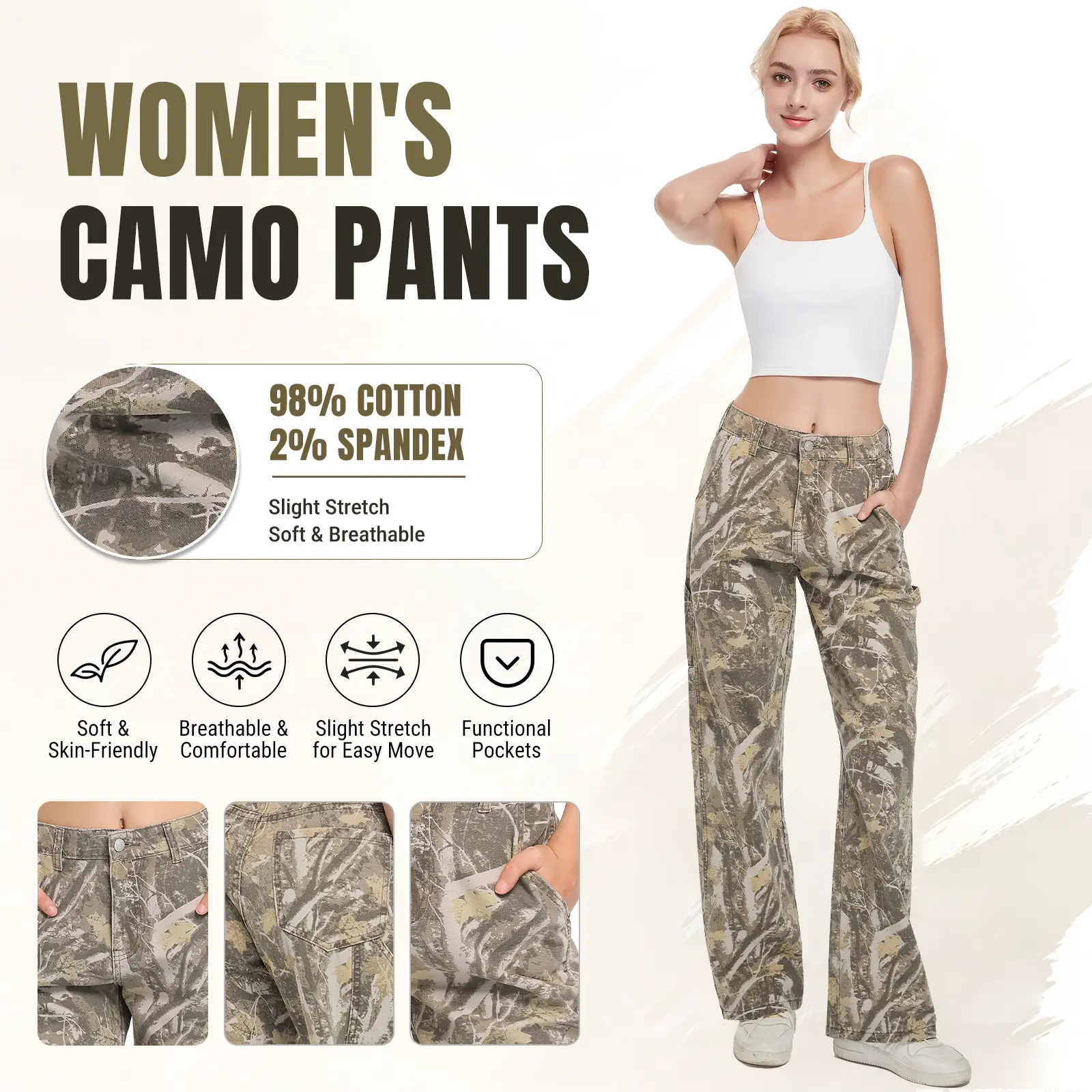 PinkyMoor Women's Retro Camouflage Cargo Pants, 98% Cotton Baggy Straight-Leg Trousers, Trending Low Rise Streetwear for a Party, Sizes S, M, L, Women's Clothes