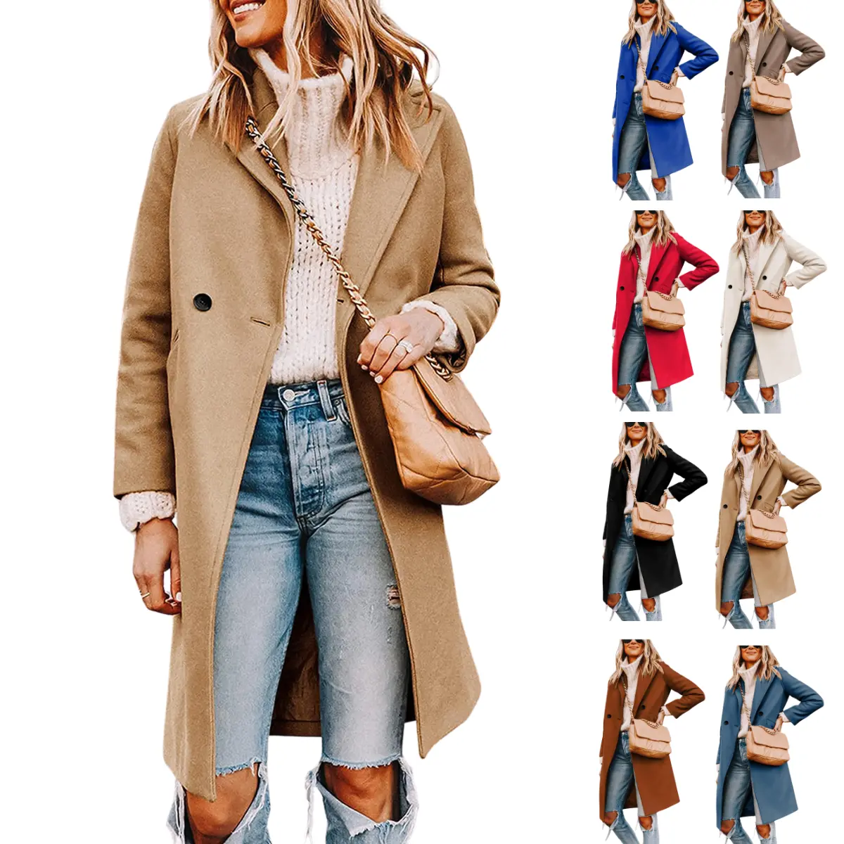 Molitree Women's Winter Notch Lapel Double Breasted Wool Blend Mid Long Pea Trench Coat