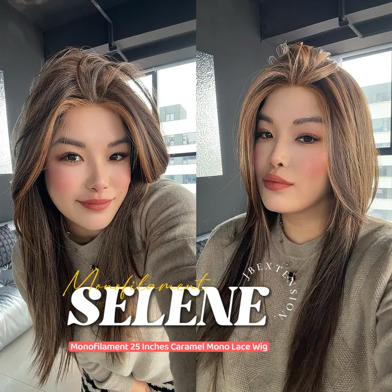 JBEXTENSION SELENE MONO Monofilament Handmade Wig 6X5 Full Monofilament Hand Tied Top Wig 25 Inches Caramel Mono Lace Wig With Anti-slip Silicone Strips Glueless Wig SELENE MONO【BENDY EAR TABS】