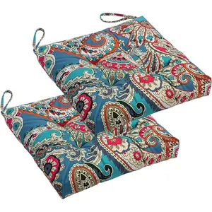 2-Pack Outdoor/Indoor Wicker Patio Seat Cushion Pad with Ties - Decorative Dining Chair Cushion, 17" x 17" (Blue Trumpet )