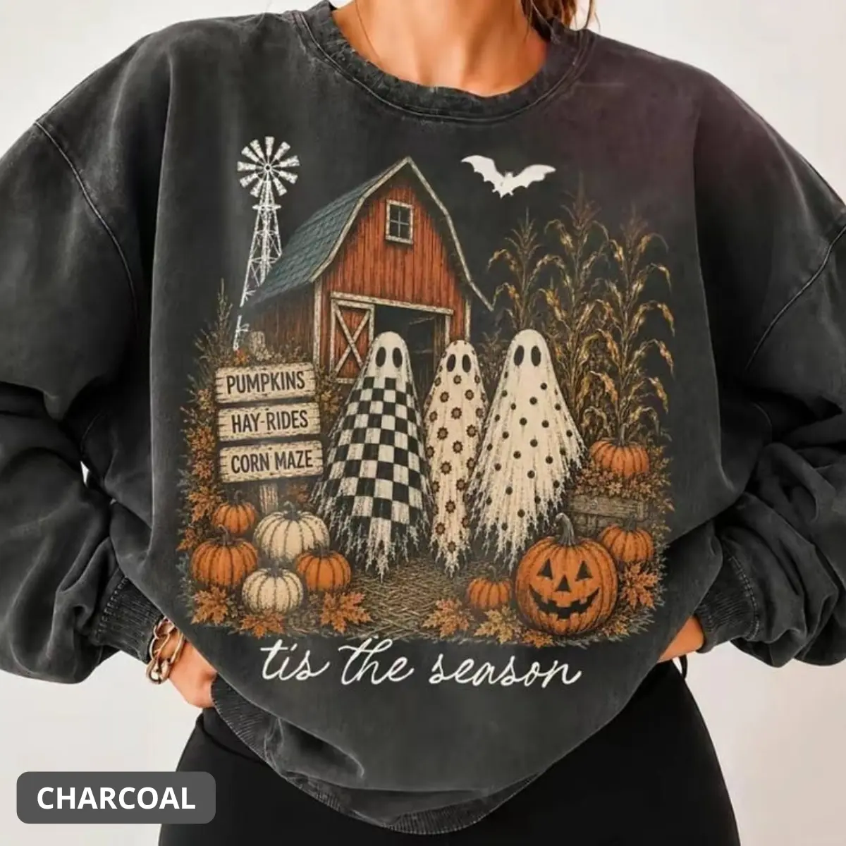 Tis the Season Ghost Trio Sweatshirt, Pumpkin Patch Ghost Shirt, Farmhouse Halloween Shirt, Checkered Floral Polka Dot Ghost, Fall Sweater
