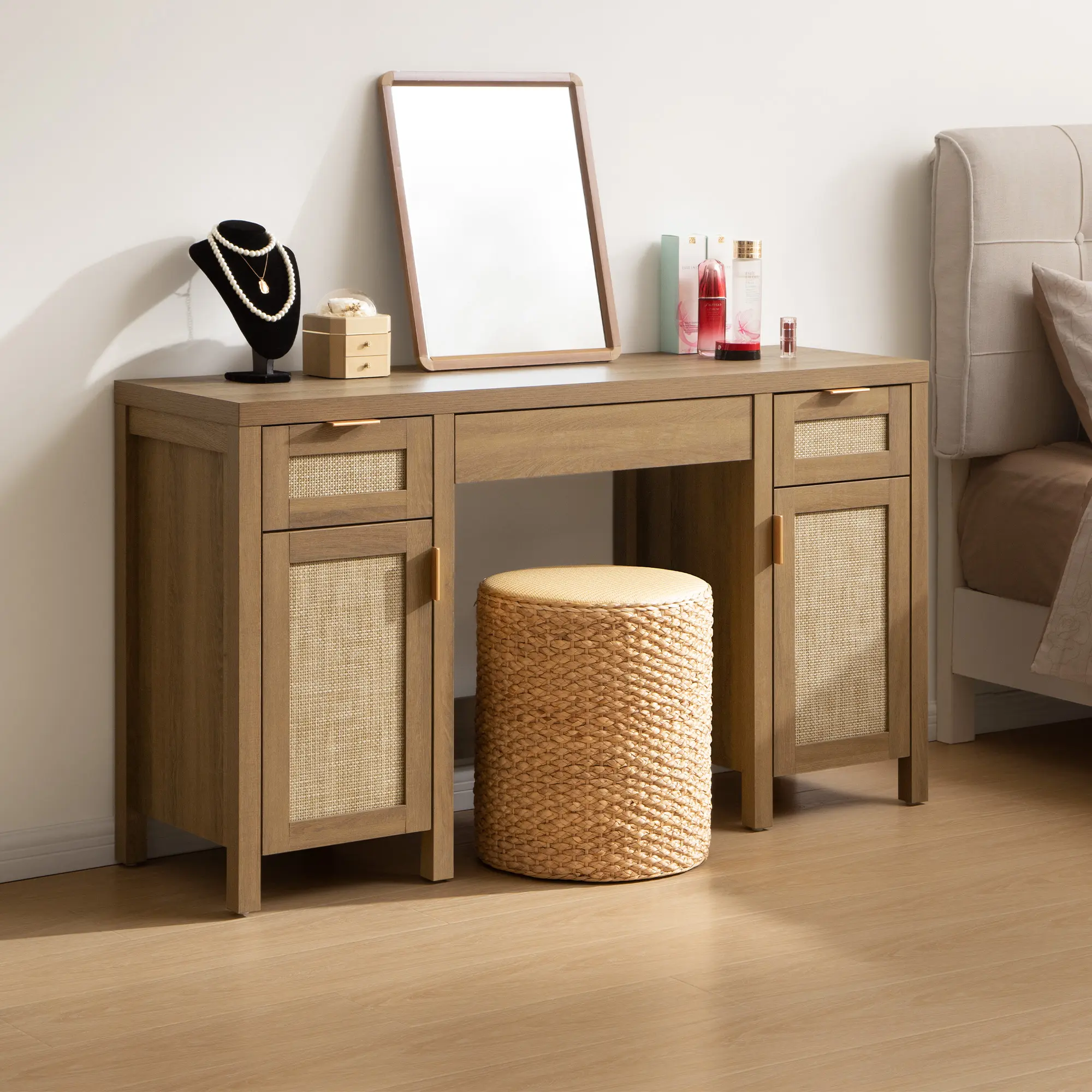 SICOTAS Rattan Vanity Home Office Desk - 52" Large Farmhouse Boho Makeup Vanity Dressing Table with 3 Drawers & 2 Storage Cabinets,  Vanities Desk for Makeup Room, Home Office, Natural Oak