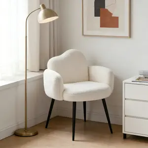 White Fluffy Vanity Chair with Arms, Cloud Backrest Faux Fur Accent Chair with Black Metal Legs for Bedroom Living Room, Soft Sherpa Makeup Desk Chair sillade escritorio petal wfh office teddy fabric