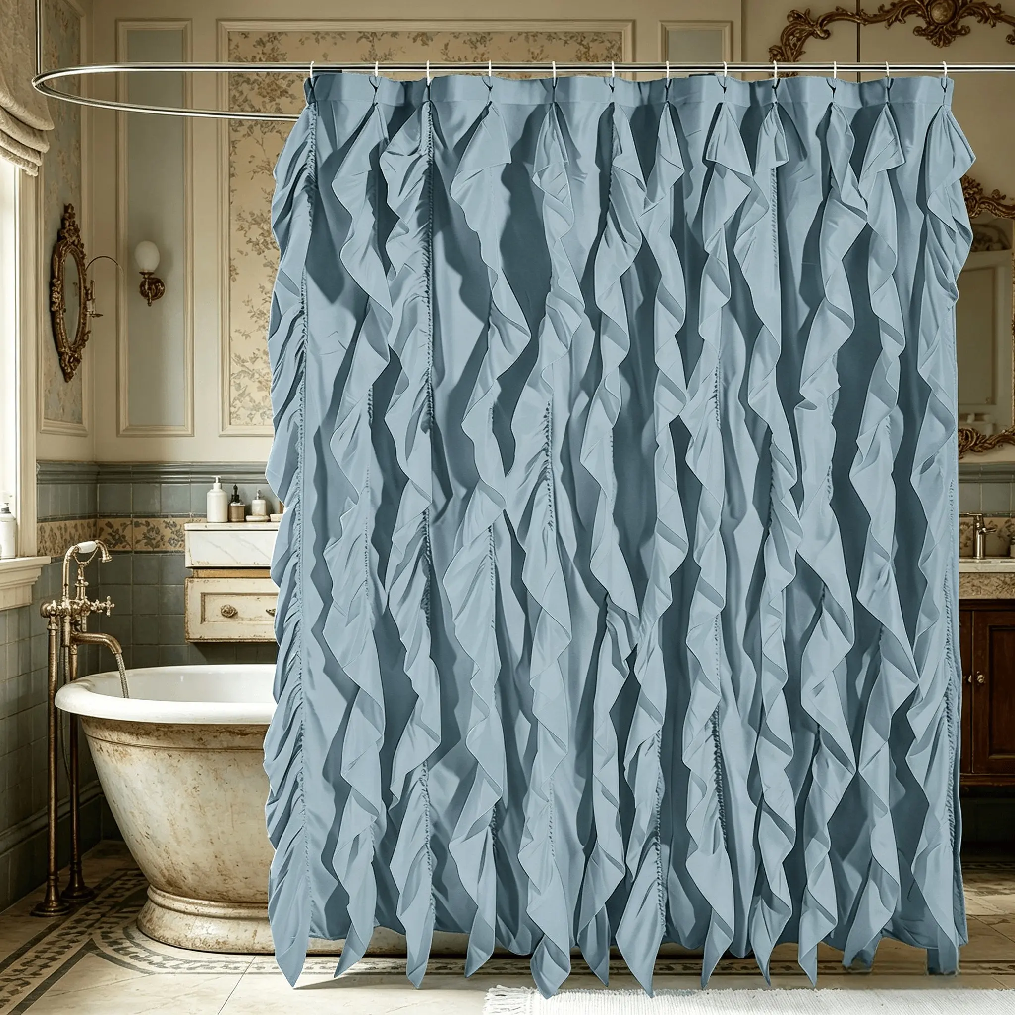 Elegant Ruffled Fringe Bath Curtain, Polyester Fiber, Artistic Ripple Design, Easy Hang Hook, Bathroom Decor, Stylish Shower Curtain, Aesthetic Shower Curtain, Decorative, Bathroom Decorations, Hanging