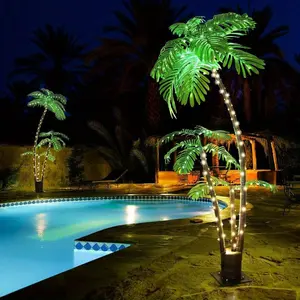 2024 6Plug-in Lighted Palm Trees Light Up LED Artificial Fake Trees Lights with 3 Trunks for Outside Patio Yard Pool Porch Deck Party Tropical Decor