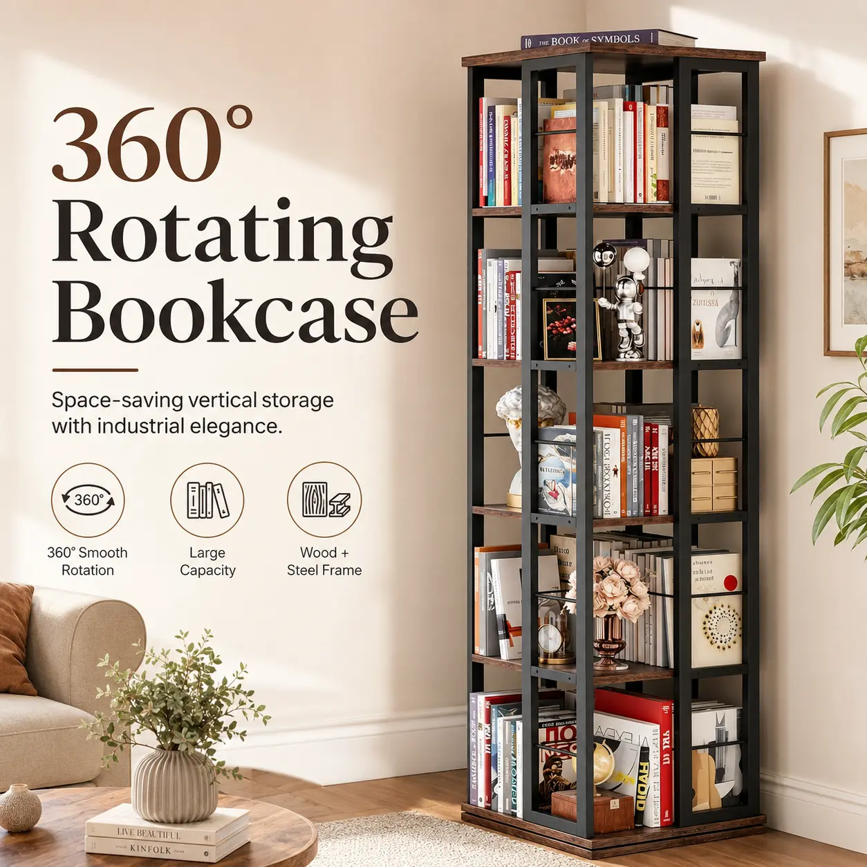 Aheaplus Corner Bookcase, 5 Tiers Rotating Bookshelf, 360 Display Wood Spinning Bookshelves, Floor Standing Bookcase Narrow Shelf