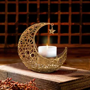 Crescent Moon Tea Candle Holder, Miner Candle Holder, Metal Table Decor for Ramadan, Valentine's Day, Living Room, Bedroom (no Candles Included)
