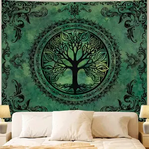 Green Nature Tapestry for Bedroom Aesthetic, Hippie Tree of Life Ceiling Decor, 51" x 60" Boho Bohemian Mandala Y2K Art Wall Hanging Backdrop for Dorm & Living Room