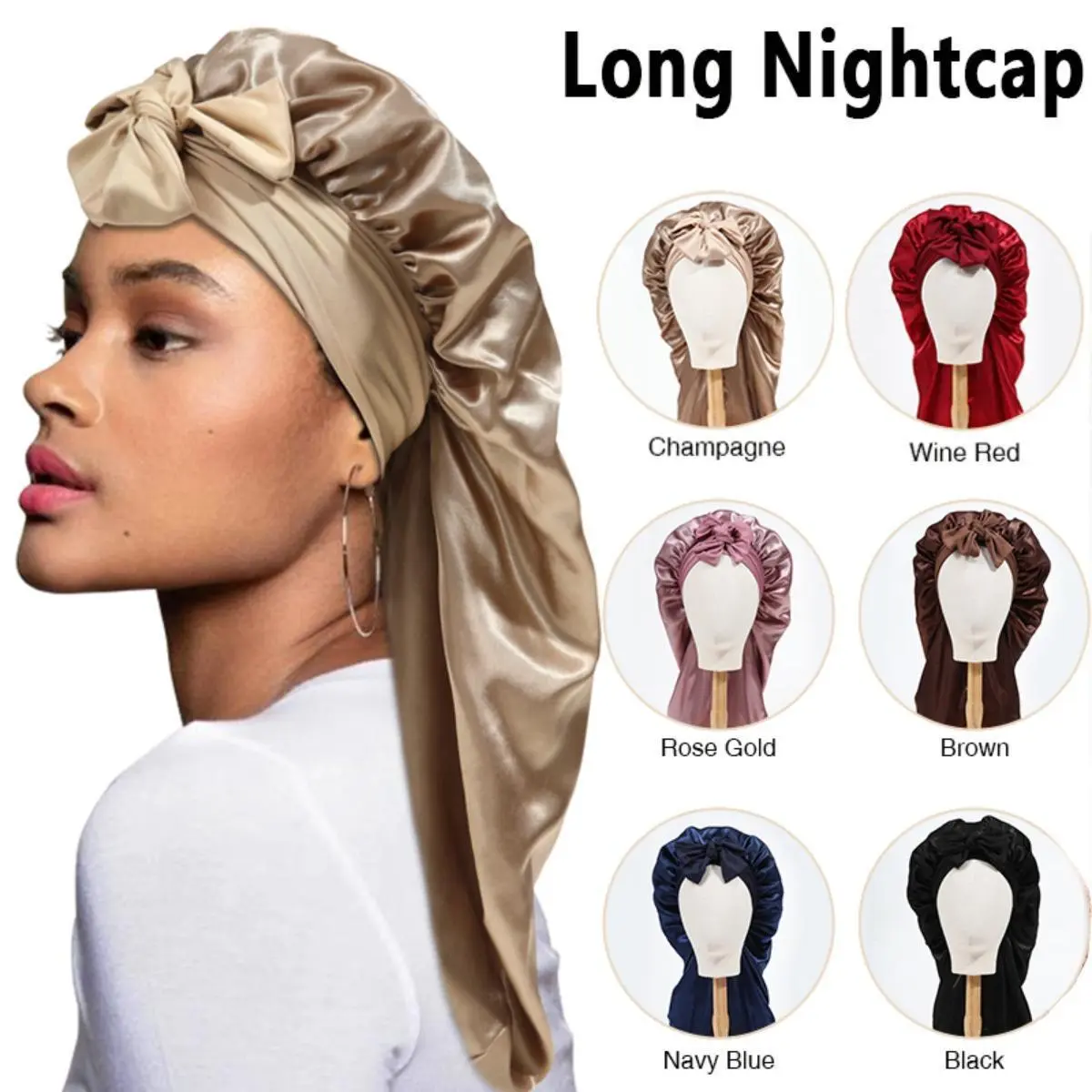 AWAYTR Women's Convenient Double-Layered Elastic Long Satin Sleeping Cap - Haircare Heatless Braiding Bonnet with Tie Band, for Chemical Treatments, Summer Storage