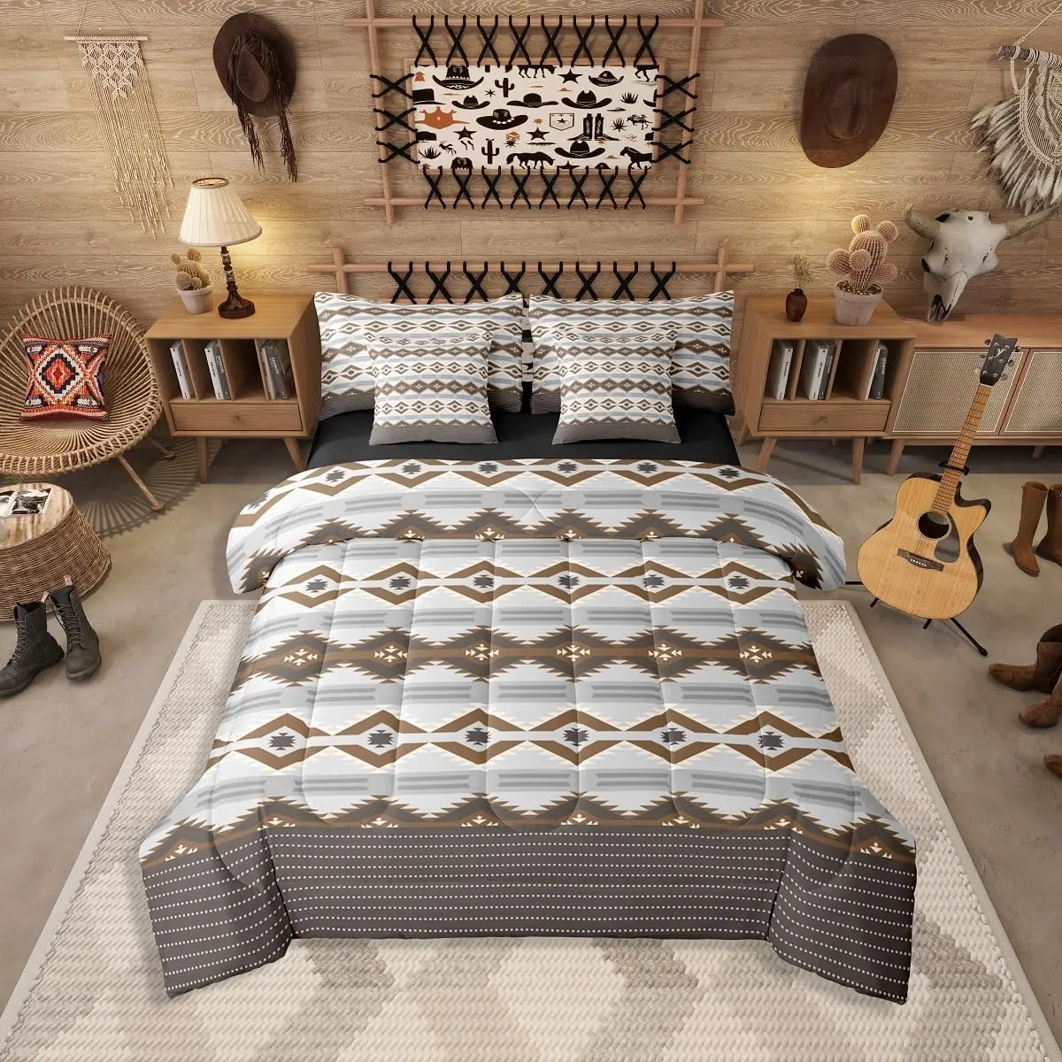 Feelyou Queen Size 7-Piece Ultra Soft Aztec Print Boho Western Bed Comforter & Bed Sheets Set - Rustic Farmhouse Cabin Decor for Adults