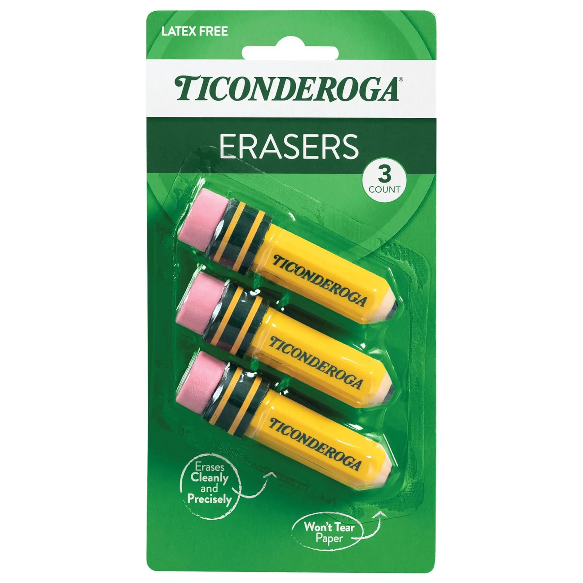 Ticonderoga Pencil-Shaped Latex-Free Yellow Erasers, 3-Pack, School Supplies