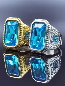 Hip Hop Titanium Steel Blue Diamond Glass Gemstone Ring, Emerald Cut Solitaire Ring, 316L Stainless Steel Gold Plated, Unisex Daily Wear Gift Jewelry