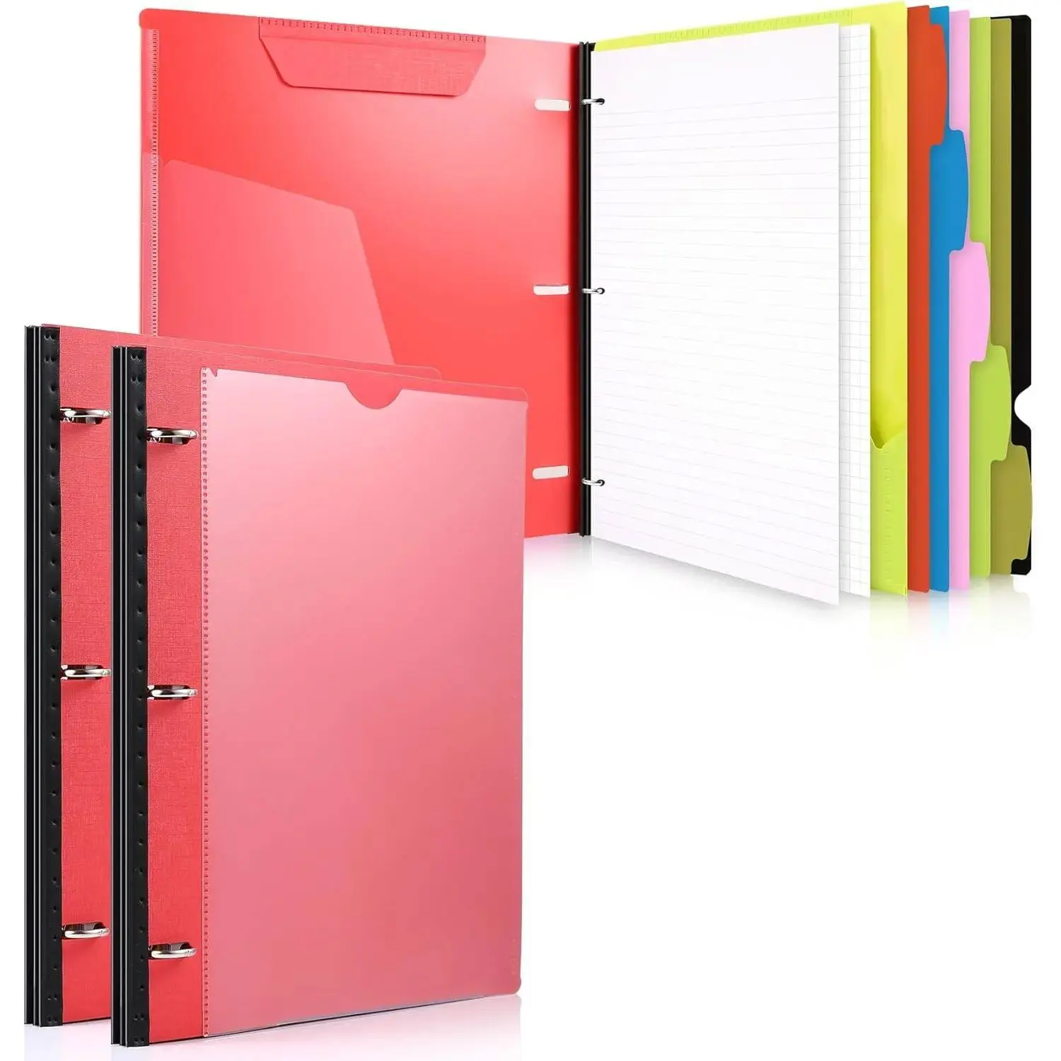 All-in-one Telescoping Binder Notebook 2PCS, Refillable 3 Ring Binder with Customized Front Cover+Catalog Back Pocket+5 Subject Dividers+Movable Pocket Folder+60 Sheets Notepaper, Red