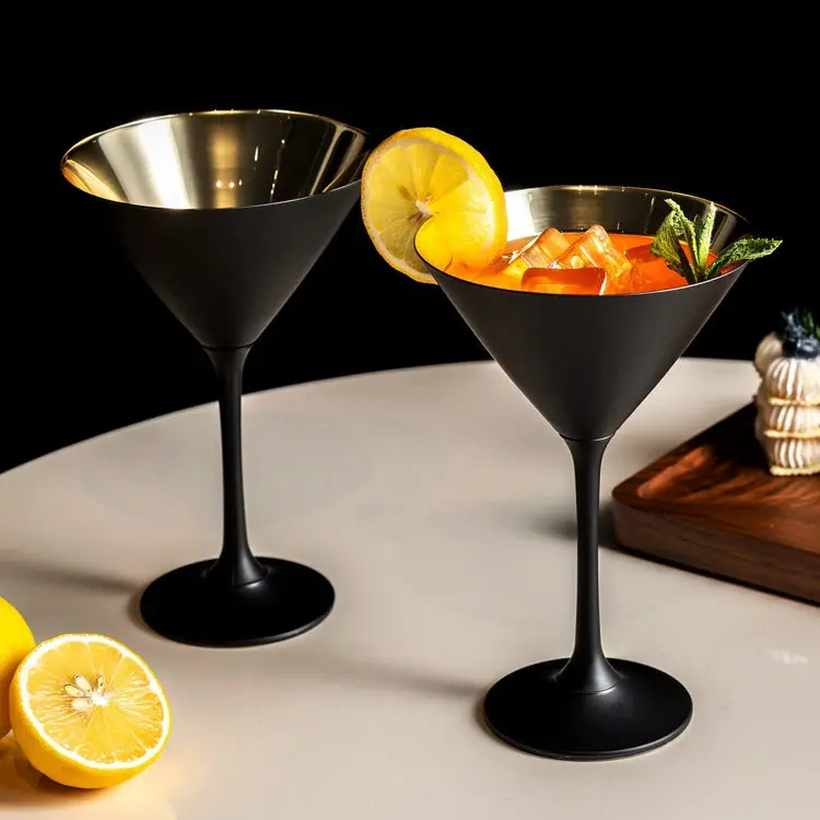 Set of 2, Matte Black and Metallic Gold Tone Plated Martini Glasses, Drinking Glass for Cocktail Party or Special Event