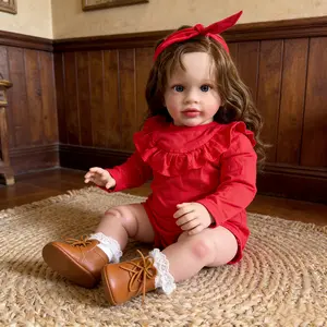 Lifelike Realistic Reborn Toddler Doll Pippa 26 inch Life Size Reborn Doll with Brown Hair Red Ruffle Onesie Complete Holiday Gift Set for Kids with Birth Certificate